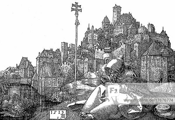 Deutsches Städtebild zu Beginn des 16. Jahrhunderts nach einem Kupferstich von Albrecht Dürer  im Vordergrund der heilige Antonius  Historisch  digital restaurierte Reproduktion einer Vorlage aus dem 19. Jahrhundert  genaues Datum nicht bekannt
