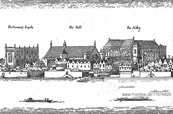 Alte Ansicht von Westminster  Parlamentshaus  Halle und Abtei  ca 1200  England  Historisch  digital restaurierte Reproduktion einer Vorlage aus dem 19. Jahrhundert  genaues Datum nicht bekannt