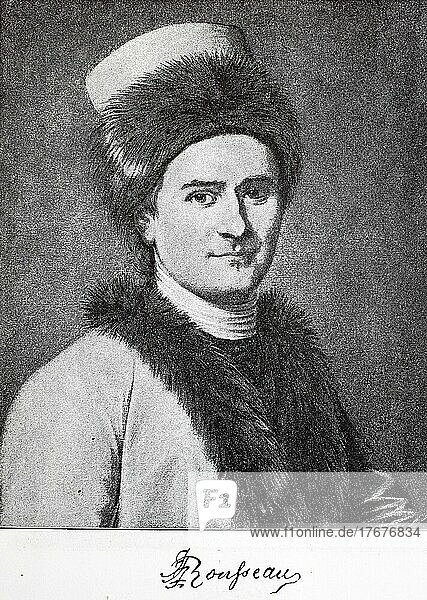 Jean-Jacques Rousseau  28. Juni 1712  2. Juli 1778  war ein Genfer Schriftsteller  Philosoph  Pädagoge  Naturforscher und Komponist der Aufklärung  Historisch  digital restaurierte Reproduktion von einer Vorlage aus dem 19. Jahrhundert  genaues Datum unbekannt