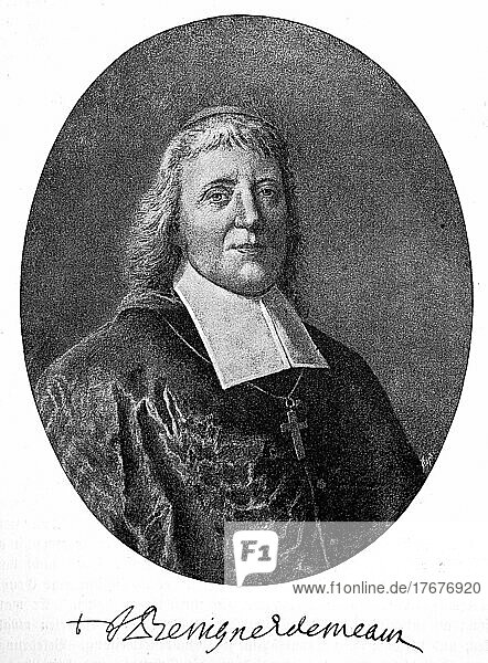 Jacques Bénigne Bossuet  27 September 1627  12 April 1704  was a French bishop and author. He made a significant contribution to the philosophy of history and is considered by the French to be a classic among their pulpit orators  Historical  digitally restored reproduction from a 19th century original  exact date unknown