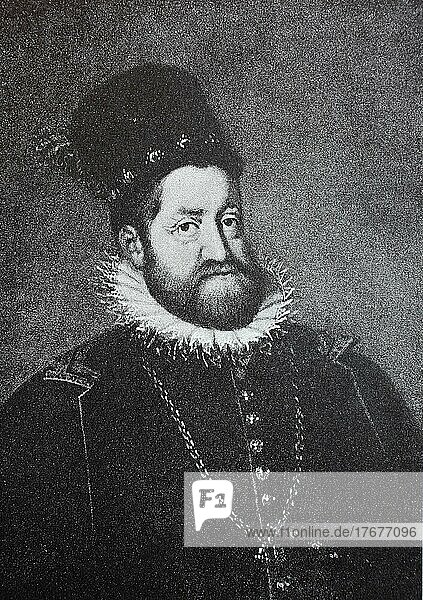 Rudolf II  18 July 1552  20 January 1612  was Holy Roman Emperor (1576-1612)  King of Bohemia (1575-1611) and King of Hungary (1572-1608) and Archduke of Austria (1576-1608)  Historical  digitally restored reproduction of a 19th century original  exact date unknown