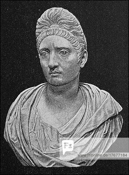 Pompeia Plotina (vor 70) (nach 1. Januar 123) war die Frau des römischen Kaisers Trajan  Historisch  digital restaurierte Reproduktion einer Vorlage aus dem 19. Jahrhundert  genaues Datum unbekannt