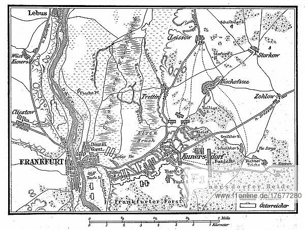 Plan of the Battle of Kunersdorf  this took place during the Seven Years' War on 12 August 1759 between a Russian-Austrian and Prussian army and ended with a defeat of Frederick the Great  Historical  digitally restored reproduction from a 19th century original  exact date unknown