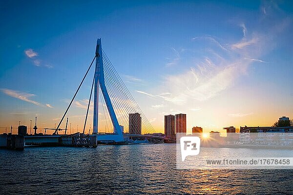 Erasmusbrücke (Erasmusbrug) und Rotterdamer Skyline bei Sonnenuntergang über der Nieuwe Maas. Rotterdam  Niederlande  Europa