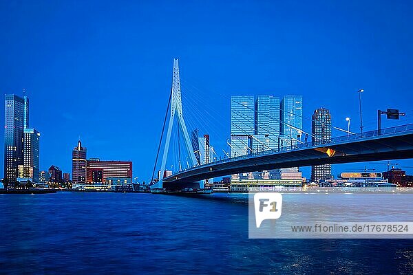 Erasmus Bridge (Erasmusbrug) and Rotterdam skyline illuminated at night. Rotterdam  Netherlands