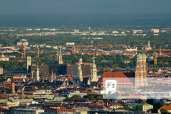 Aerial view of Munich center from Olympiaturm (Olympic Tower) on sunset. Munich  Bavaria  Germany  Europe