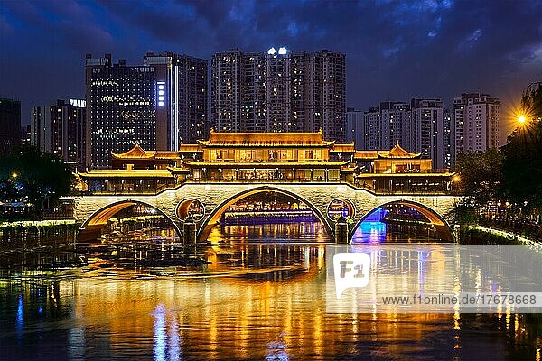 Famous landmark of Chengdue  Anshun bridge over Jin River illuminated at night  Chengdue  Sichuan  China  Asia