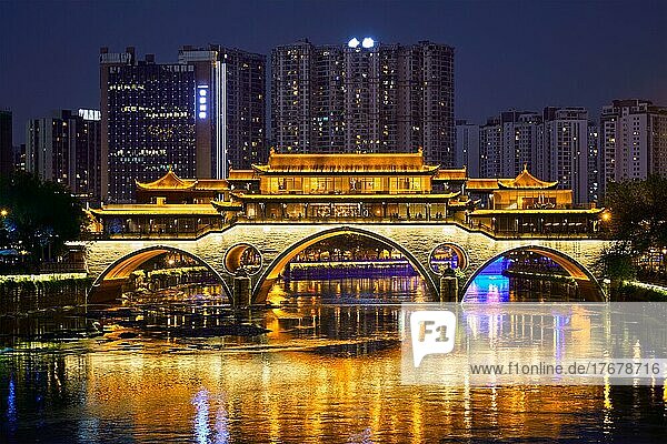 Famous landmark of Chengdu  Anshun bridge over Jin River illuminated at night  Chengdue  Sichuan  China  Asia