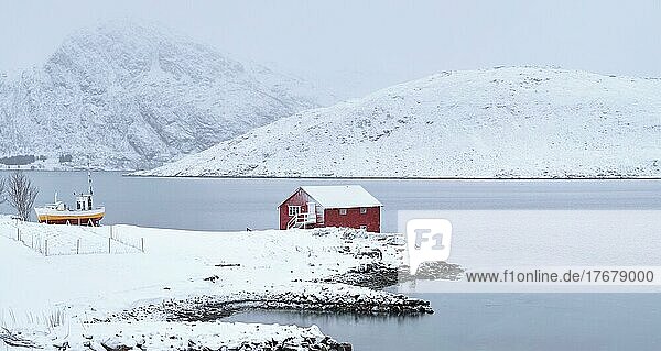 Panorama des traditionellen roten Rorbu-Hauses und des Fjordufers mit viel Schnee im Winter. Lofoten Inseln  Norwegen  Europa