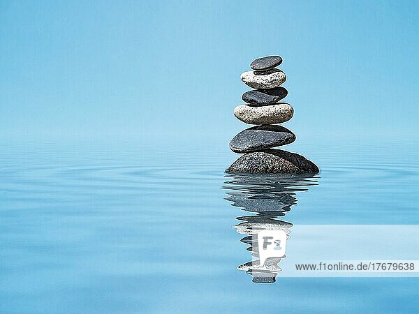 Zen Harmonie Meditation Entspannung Ruhe Ruhe des Geistes Konzept Hintergrund  ausgewogene Steine stapeln im Wasser mit Reflexion