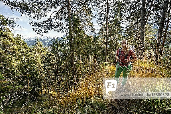 Young hiker on the trail to the Kramer  Wetterstein Mountains at the back  Garmisch  Bavaria  Germany  Europe