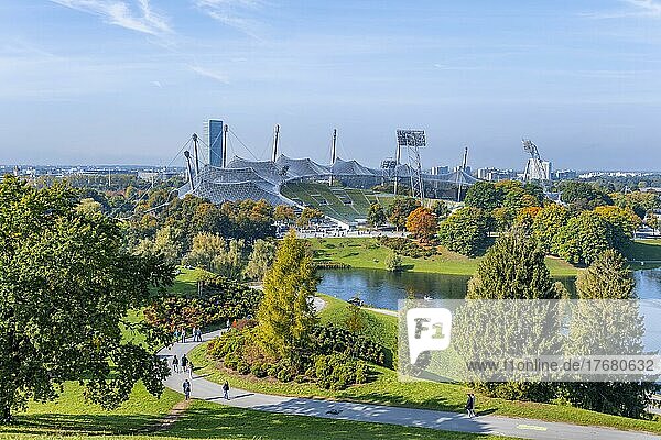 Park with Olympic Lake and Olympic Tower  Olympic Park Munich  Bavaria  Germany  Europe