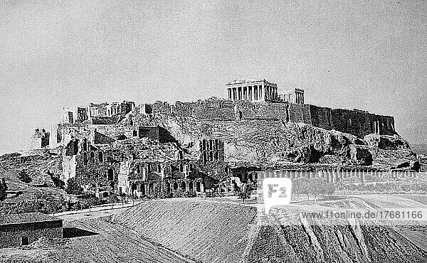 Ruinen der Akropolis von Athen  Südseite  Griechenland  Foto aus 1885  digital restaurierte Reproduktion einer Vorlage aus dem 19. Jahrhundert  genaues Datum unbekannt  Europa