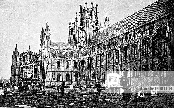 The cathedral of Ely  town in the east of the county of Cambridgeshire in East Anglia  England  photo from 1882  digitally restored reproduction of a 19th century original  exact date unknown