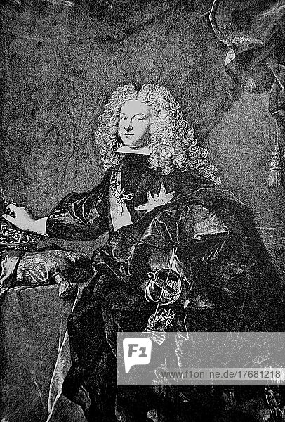 Felipe V  19 December 1683  9 July 1746  Duke of Anjou  was King of Spain from 1700 to 1746 and also King of Sardinia and King of Sicily and Naples until 1713  digitally restored reproduction of a 19th century original  exact date unknown