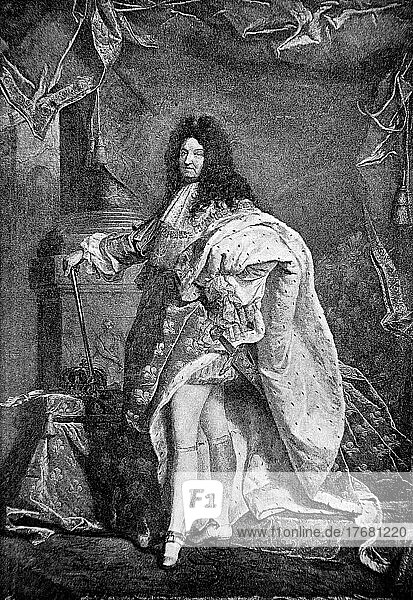 Louis XIV  5 September 1638  1 September 1715  Prince  House of Bourbon  King of France and Navarre  digitally restored reproduction of a 19th century original  exact date unknown