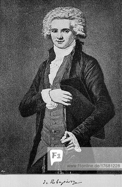 Maximilien de Robespierre  6. Mai 1758  28. Juli 1794  getauft Maximilien-François-Marie-Isidore  war ein französischer Rechtsanwalt  Revolutionär und führender Politiker der Jakobiner  hier als Jugendlicher  digital restaurierte Reproduktion einer Vorlage aus dem 19. Jahrhundert  genaues Datum unbekannt