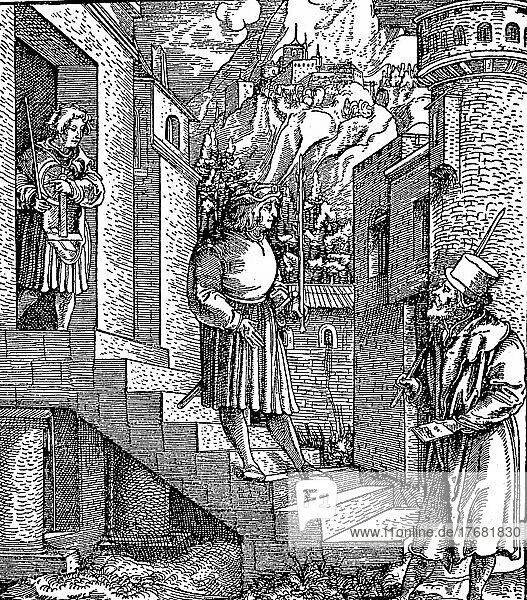 Unfalo  the evil spirit  in a doctor's coat and doctor's hat  lures Theuerdank over a staircase he has damaged  woodcut by Hans Leonhard Schueffelein  1517  Historic  digitally restored reproduction of a 19th century original  original date unknown