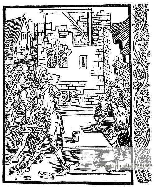 Masons and carpenters abandon a builder who has not calculated his costs accurately and has run out of money  Sebastian Brant  Ship of Fools  1494  Historic  digitally restored reproduction of a 19th century original  exact date unknown