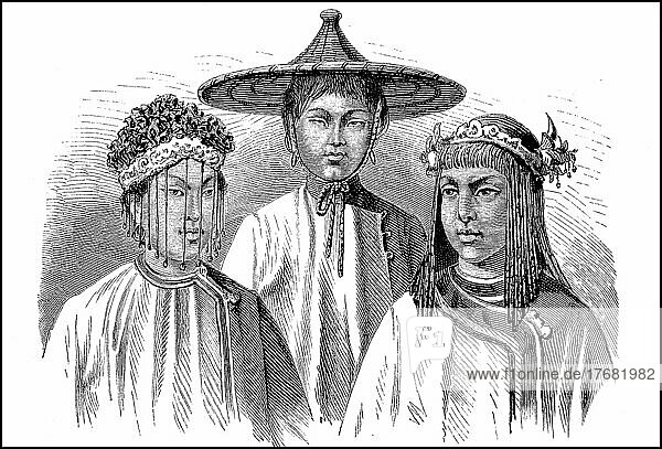 Mädchentypen aus Regionen in China  Frauen im 19. Jahrhundert  Historisch  digital restaurierte Reproduktion einer Vorlage aus dem 19. Jahrhundert  genaues Datum unbekannt
