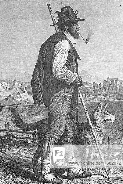 Shepherd with pipe and shepherd's crook and with his shepherd dog from Campania  Italy  1890  Historic  digitally restored reproduction of a 19th century original  original date unknown  Europe