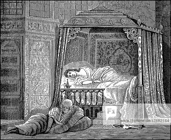 Im Schlafgemach einer Kadine  Sultansfrau im Harem  mit Wächterin  Arabien  Fraün im 19. Jahrhundert  digital restaurierte Reproduktion einer Vorlage aus dem 19. Jahrhundert  Originaldatum nicht bekannt