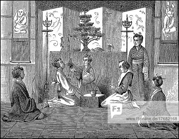 Trauung  Zeremonie in Japan  Hochzeit  Fraün im 19. Jahrhundert  digital restaurierte Reproduktion einer Originalvorlage aus dem 19. Jahrhundert  genaues Originaldatum nicht bekannt