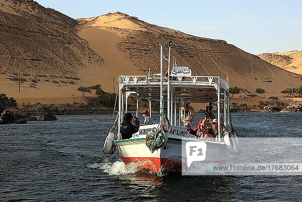 Excursion boat on the Nile  between Aswan and the Nubian villages  Upper Egypt  Egypt  Africa