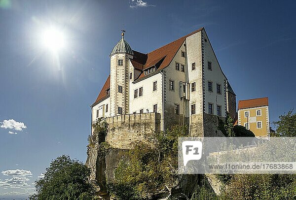 Historische Burg Hohnstein in der Sächsischen Schweiz  blauer Himmel  Sonne  Sachsen  Deutschland  Europa