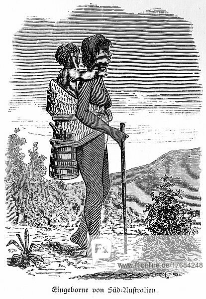 Frau  Eingeborene  Kleinkind  nackt  Korb  Stab  gehen  tragen  Landschaft  historische Illustration 1881  Australien  Ozeanien