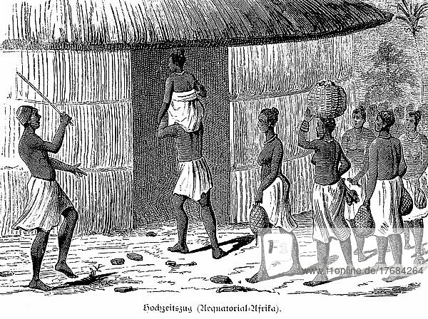 Hochzeit  Paar  Strohhütte  betreten  tragen  Gruppe  Fest  Fraün  Männer  Körbe  Eingeborene  historische Illustration 1881  Äquatorial-Afrika