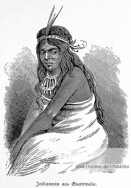 Junge Frau  Indianer  sitzen  langes Haar  Haarschmuck  Feder  historische Illustration 1881  Guatemala  Mittelamerika