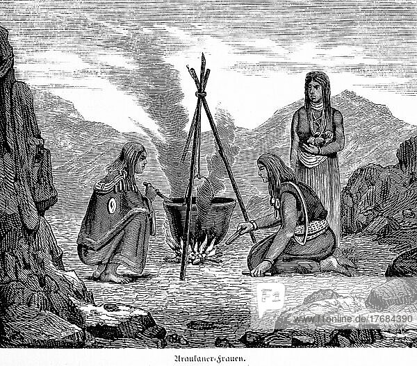 Araukaner oder Mapuche  indigenes Volk  offenes Feuer  Essen kochen  Topf  barfuß  Berge  Rauch  Felsen  Tracht  Porträt  historische Illustration 1881  Chile  Südamerika