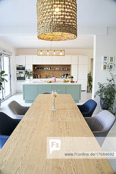 Dining table in domestic kitchen