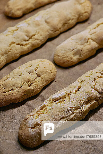 Close up fresh  baked Italian Cantuccini biscotti cookies