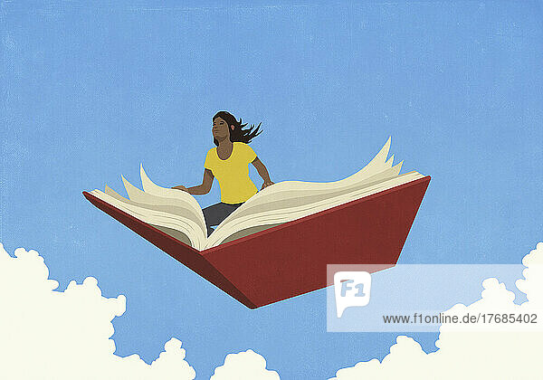 Curious woman flying in sky on open book