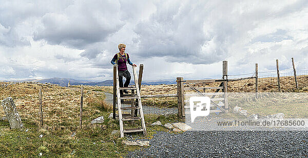 Senior woman standing on ladder by fence at Cadair Idris