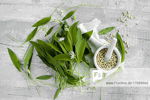 Studio shot of mortar and pestle  pine nuts and fresh ramson leaves lying against wooden surface