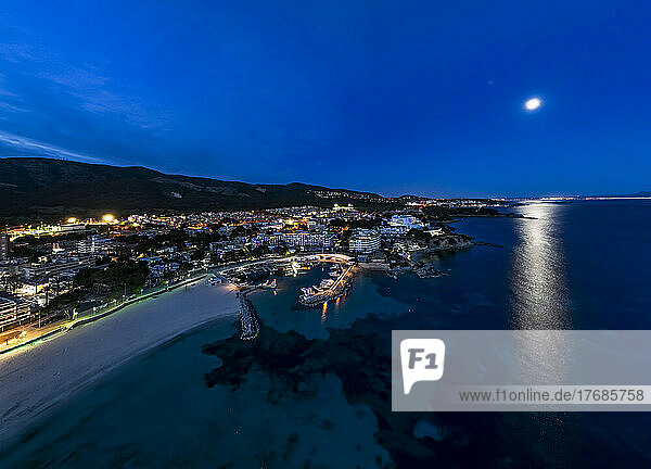 Spain  Balearic Islands  Santa Ponsa  Helicopter view of coastal town at night