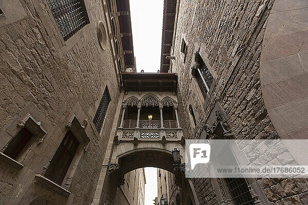 Spain  Province of Barcelona  Barcelona  Elevated walkway connecting two buildings in Gothic Quarter