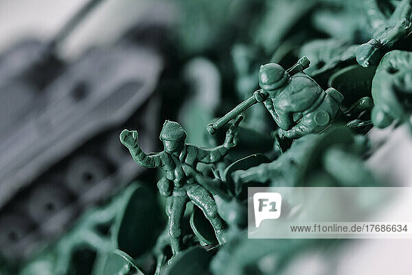 Close-up of green plastic toy soldiers