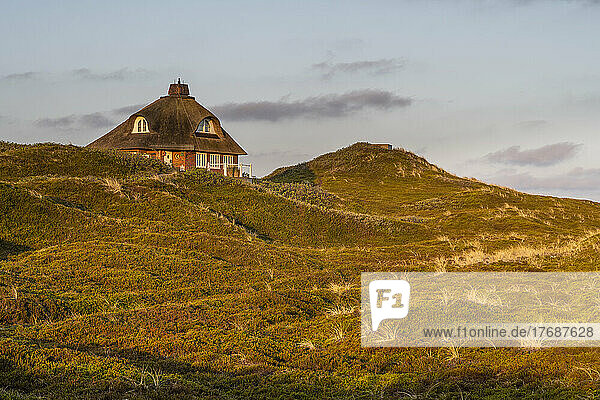 Germany  Schleswig-Holstein  Hornum  Secluded house surrounded by grassy dunes at dusk