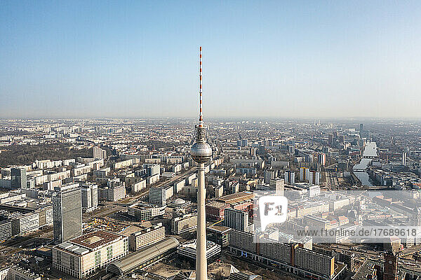 Germany  Berlin  View of Fernsehturm Berlin and surrounding cityscape
