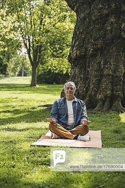 Senior man with eyes closed meditating on exercise mat at park