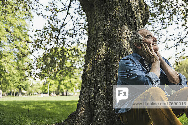 Thoughtful senior man sitting in front of tree at park