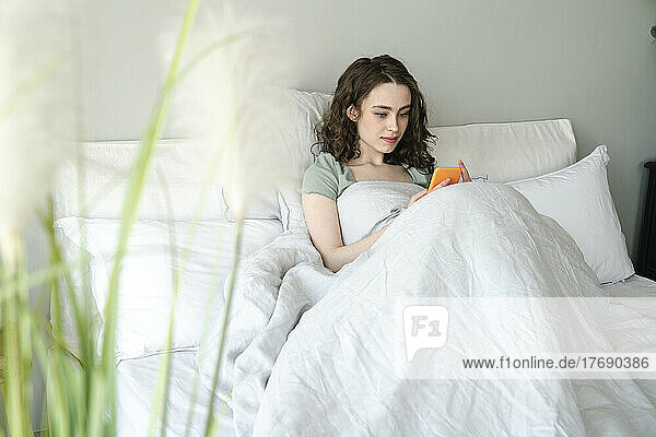 Schöne Frau  die zu Hause im Bett sitzt und ihr Smartphone benutzt
