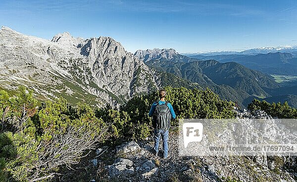 Hiker on hiking trail  view of mountain landscape with peak Westliches Geiselhorn  in the back Leoganger Steinberge  Nuaracher Höhenweg  Loferer Steinberge  Tyrol  Austria  Europe