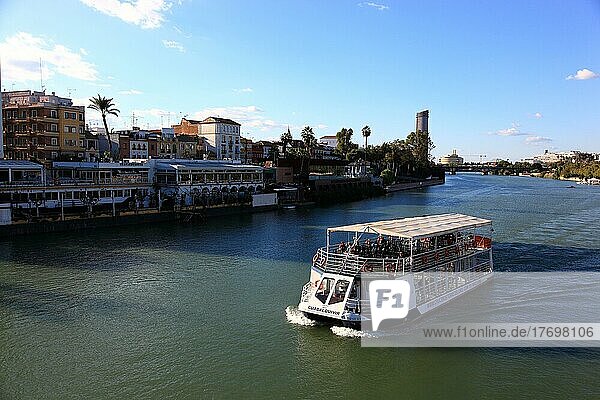 Seville  excursion boat on the Guadalquivir River  Andalusia  Spain  Andalusia  Spain  Europe
