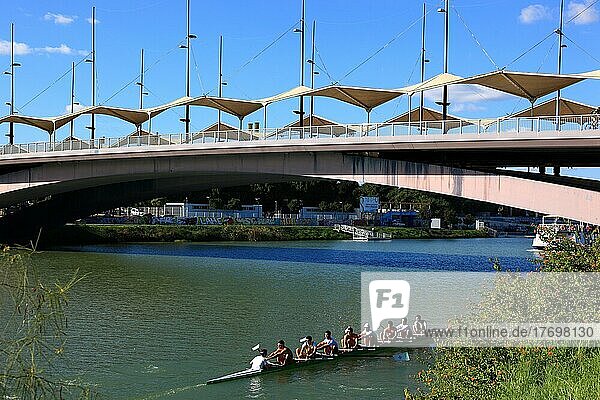 Seville  rowing boat on the Guadalquivir River  Andalusia  Spain  Europe