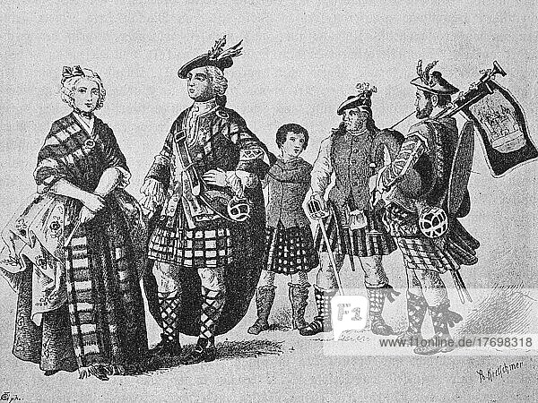 Trachten aus Schottland im Jahre 1700  vornehme Frau  Clanhäuptling  Clansleute  Historisch  digital restaurierte Reproduktion einer Vorlage aus dem 19. Jahrhundert  genaues Datum unbekannt